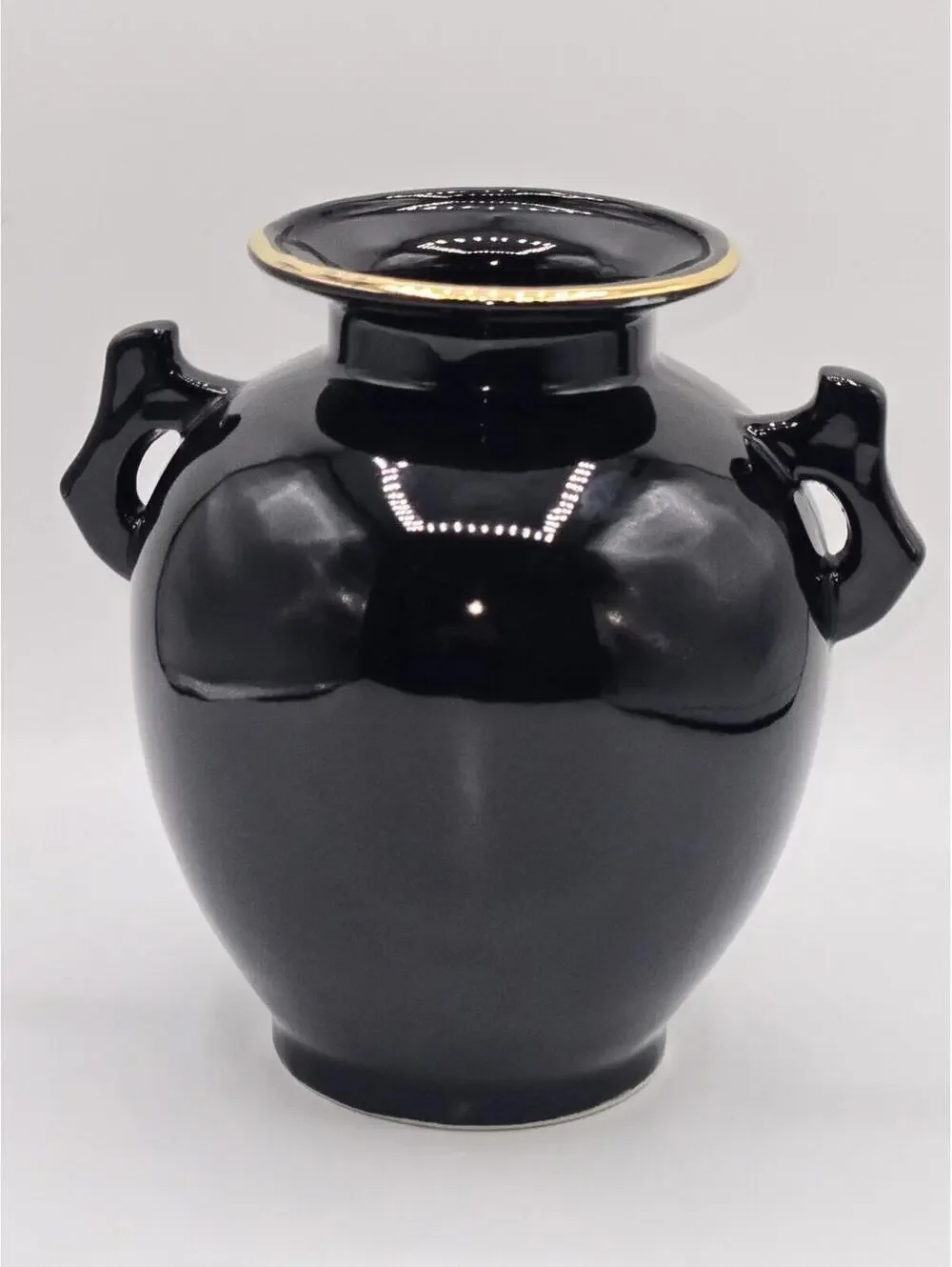 Vintage‎ Black Ceramic Vase Pheasant Bird Floral Design Gold Rim Double Handled